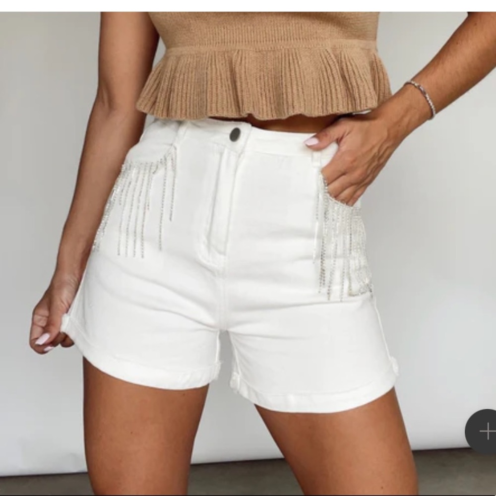White Rhinestone Fringe Shorts